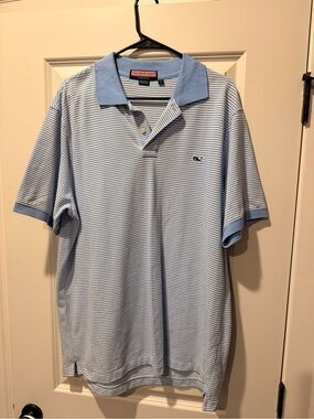 Vineyard Vines Men’s Light Blue and White Striped Polo